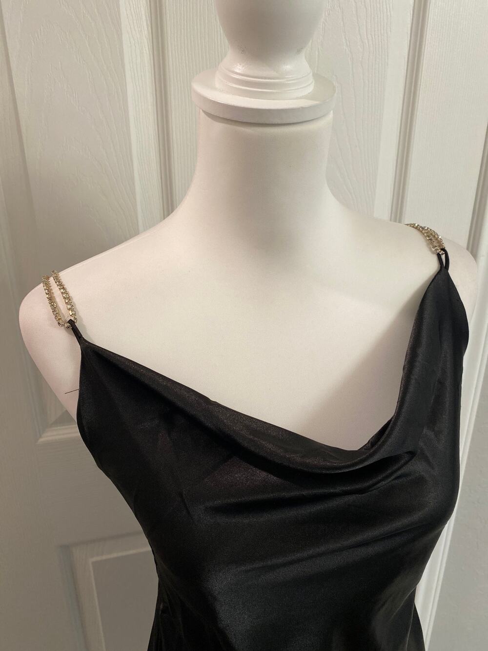 Haute Monde Black Satin Cowl Neck Slip Mini Dress Rhinestone Chain Back Small